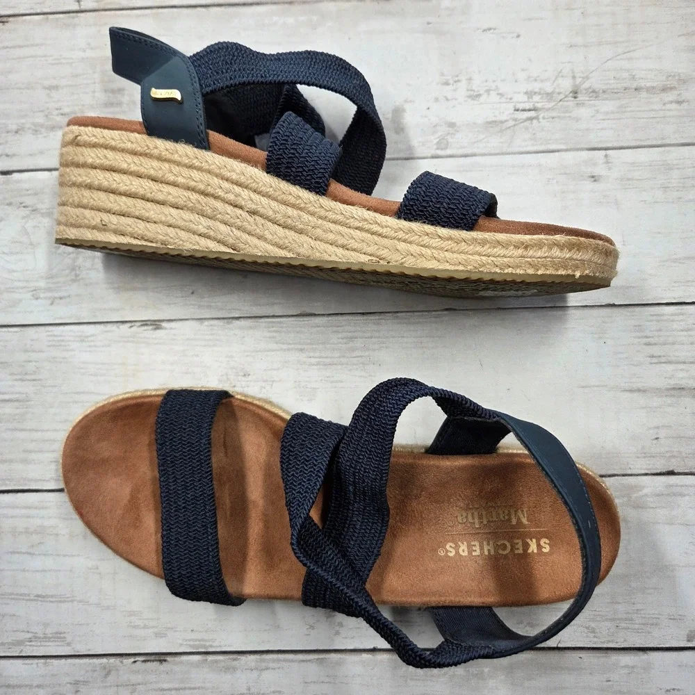 Skechers Wedge Sandals Women 10 Navy Martha Stewart Arch Fit Espadrille Platform